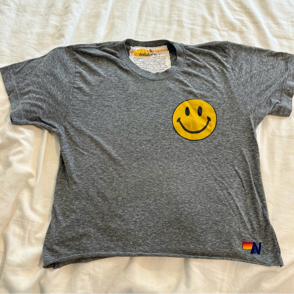 Aviator Nation Gray Tee with Yellow Smiley